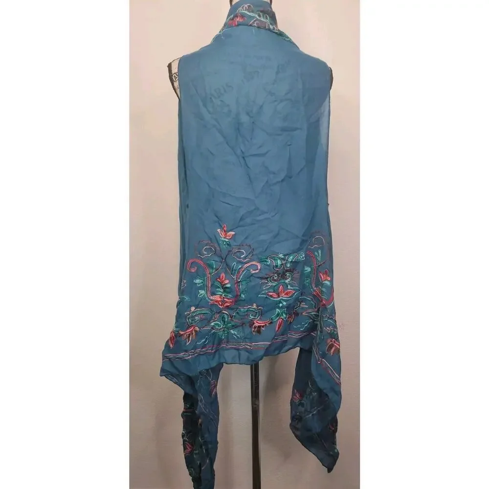 Pretty Angel Kimono Cardigan One Size Linen Blend Floral Embroidered Asymmetric